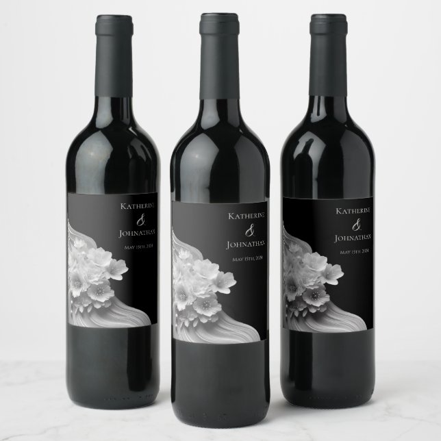 Modern Blommigt, svart och vitt Vinflaska Etikett (Flaskor)
