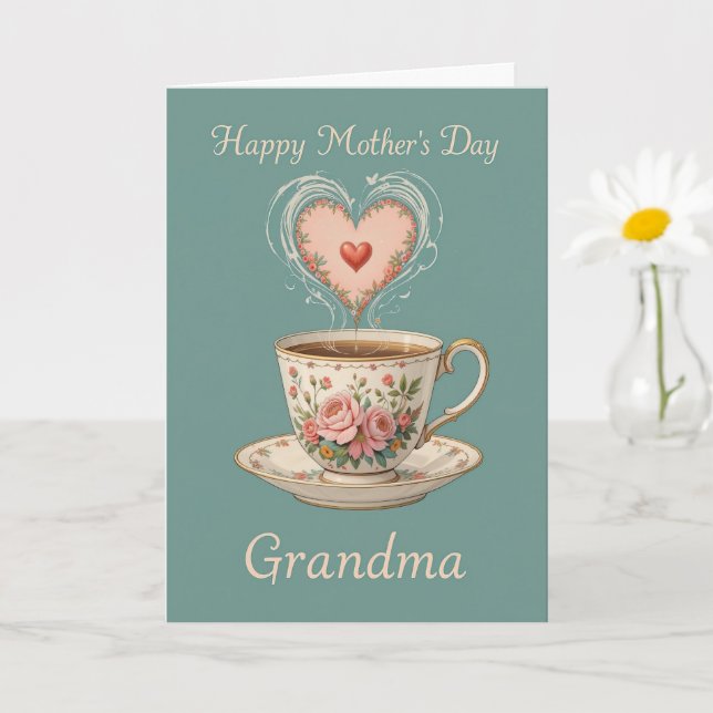 Modern Blommigt Tea Kopp Grandma Snyggt Mors dag Kort (Liten växt)
