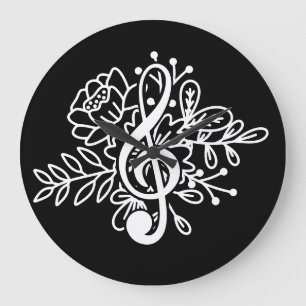 Modern Blommigt Treble Clef Black Music Älskare Stor Klocka