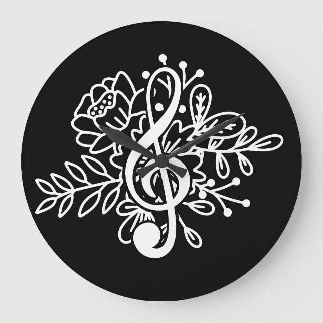 Modern Blommigt Treble Clef Black Music Älskare Stor Klocka (Framsida)