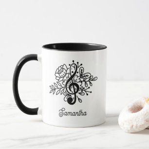 Modern Blommigt Treble Clef Black White Music Älsk Mugg