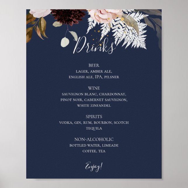 Modern  Blommigt | Tunga Bröllop Drinks Menu Poster (Framsidan)