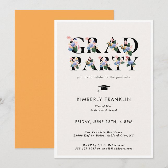 Modern Blommigt Typografi GRAD PARTY-inbjudan Inbjudningar (Fram/baksida)