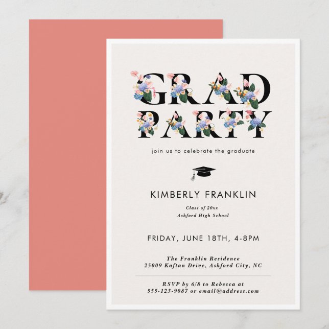 Modern Blommigt Typografi GRAD PARTY-inbjudan Inbjudningar (Fram/baksida)