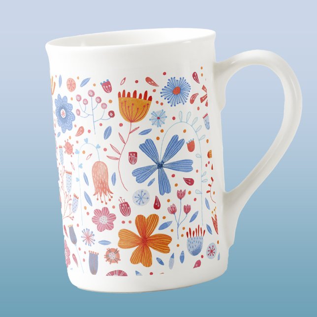 Modern Blommigt vattenfärg Benporslin Mugg (Modern watercolor floral blue, orange and white pattern bone china mug)