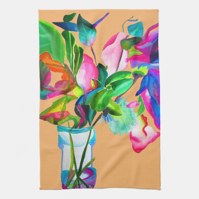 Modern blommigt vattenfärgsblommor kökshandduk (Vertikal)