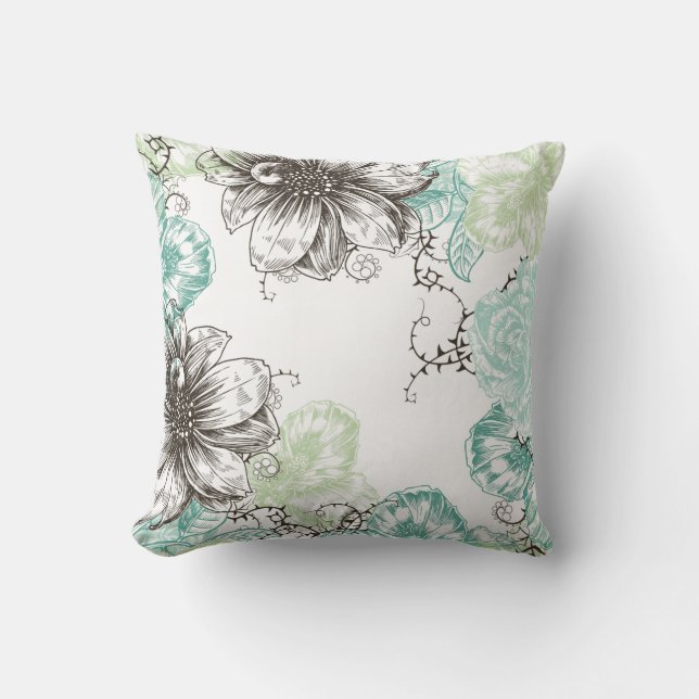 Modern Blommigt Vintage Graphic Flowers Aqua Black Kudde (Framsida)