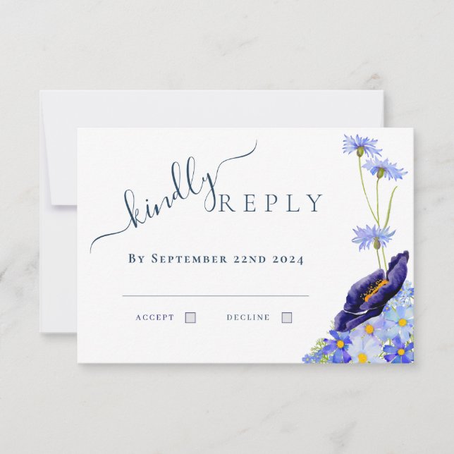 Modern Blommigt Watercolor Blue Bröllop Reply OSA Kort (Framsida)