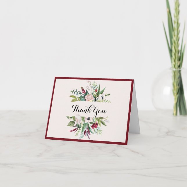 Modern Blommigt Watercolor Burgundy Flower Grey Tack Kort (Framsida)