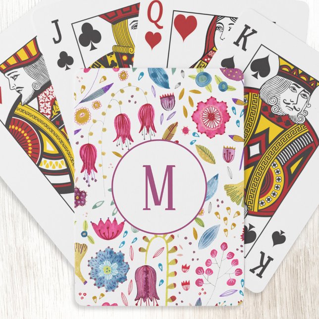 Modern Blommigt Watercolor Monogram Casinokort (Modern personalized monogram initial watercolor floral botanical art playing cards)