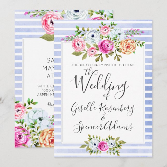 Modern Blommigt Watercolor Rand bröllopsinbjudan Inbjudningar (Fram/baksida)