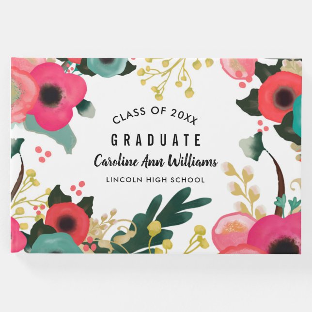 Modern Blommigt Watercolor Studenten Gästböcker (Framsida)