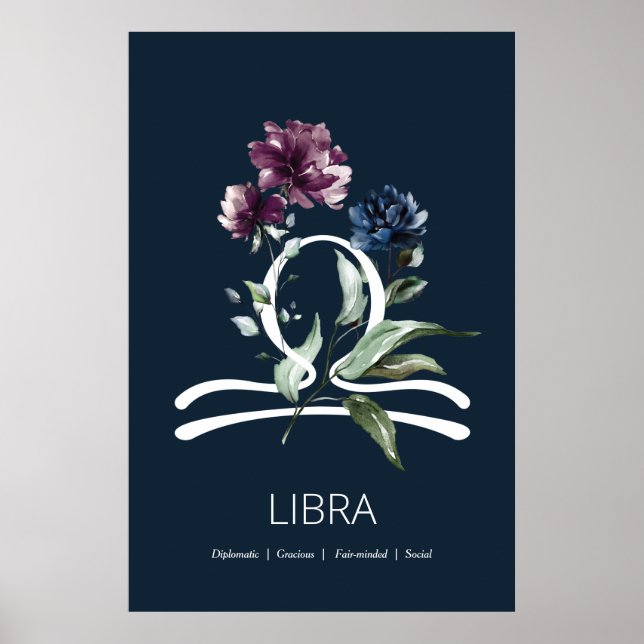 Modern Blommigt Zodiac Stjärntecken Libra Poster (Framsidan)