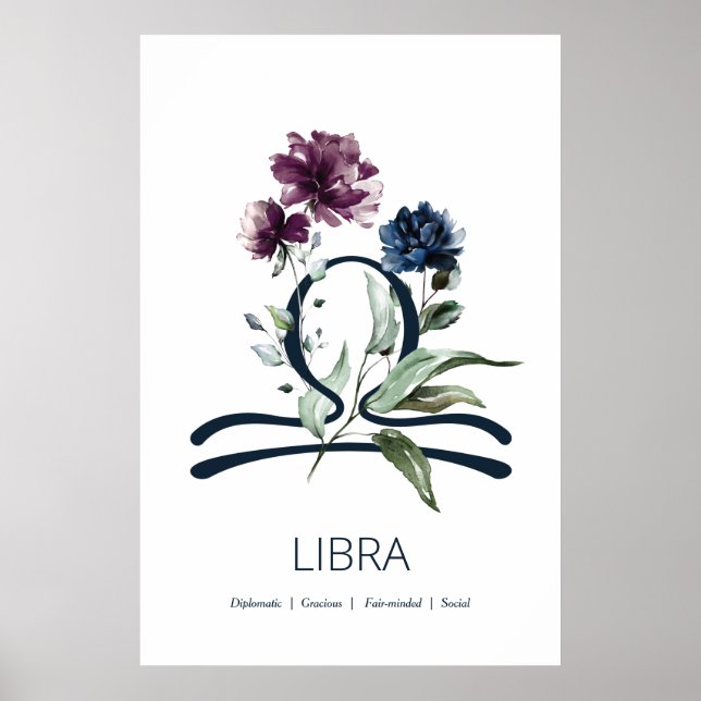 Modern Blommigt Zodiac Stjärntecken Libra Poster (Framsidan)