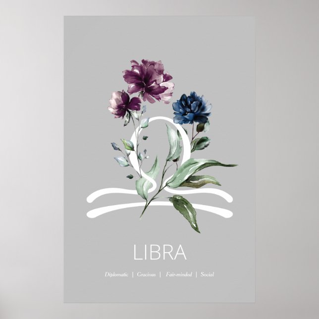 Modern Blommigt Zodiac Stjärntecken Libra Poster (Framsidan)