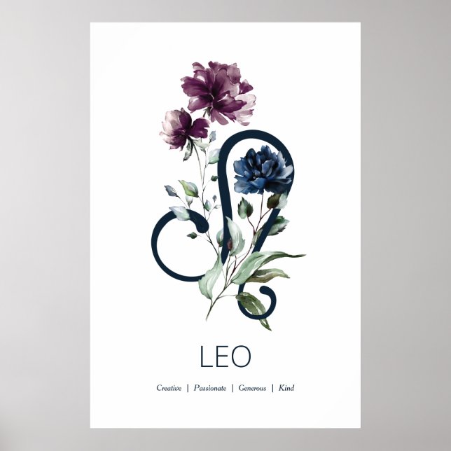 Modern Blommigt Zodiac-Stjärntecknet Leo Poster (Framsidan)