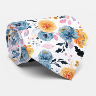 Modern Blommönster i blått, Orange och Rosa Slips