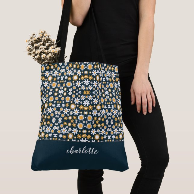 Modern Blommönster, monogrammed tote Bag Tygkasse (Närbild)