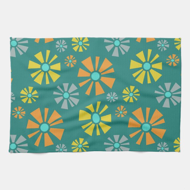 Modern blommor i medelårhundradet kökshandduk (Horisontell)