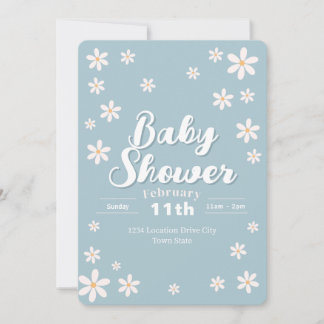 Modern blomster baby shower - Blå tusensköna Anpas Inbjudningar