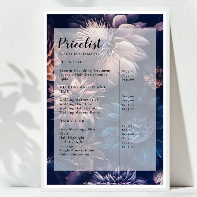 Modern blomster boho salong prislista Poster ( 
Modern Floral Boho Salon Price List Poster)
