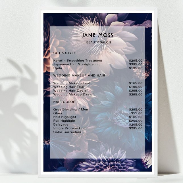 Modern blomster boho salong prislista  poster ( 
Modern Floral Boho Salon Price List Poster)