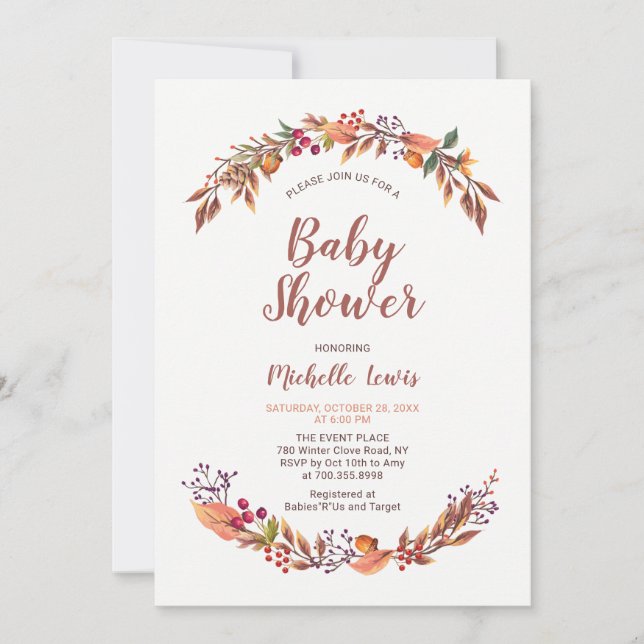 Modern blomster höst pojke baby shower inbjudan (Framsida)