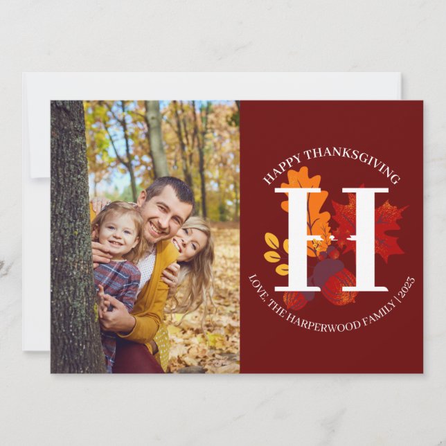 Modern blomster monogram tack för familjefoto julkort (Framsida)