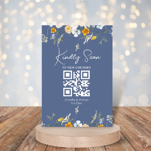 modern blomster qr-kod blå nova bröllopsmeny kort