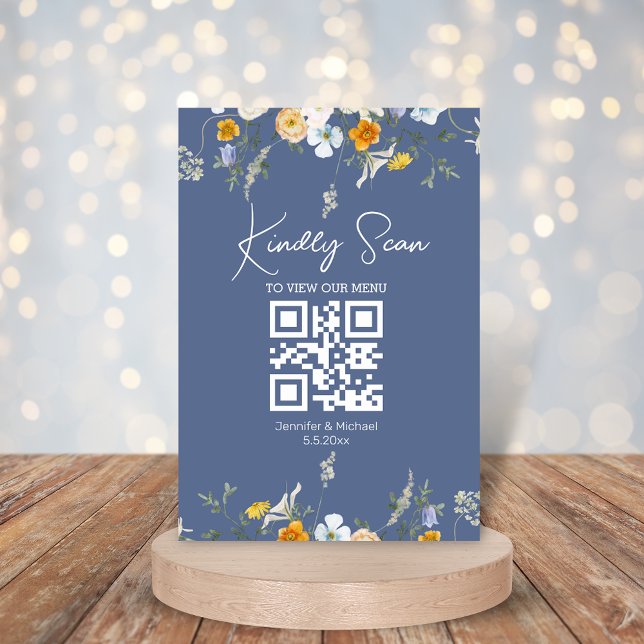 modern blomster qr-kod blå nova bröllopsmeny kort (Skapare uppladdad)