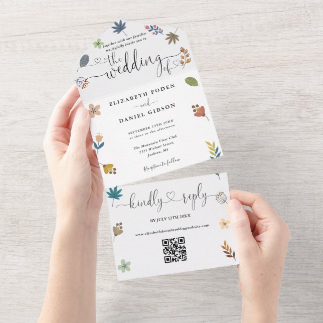 Modern blomster QR-kod Hjärtan Script Bröllop (Avrivbar del)