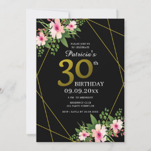 Modern blomster svart och guld 30-årsdag inbjudningar