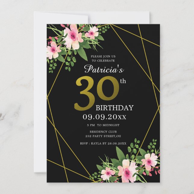 Modern blomster svart och guld 30-årsdag inbjudningar (Framsida)