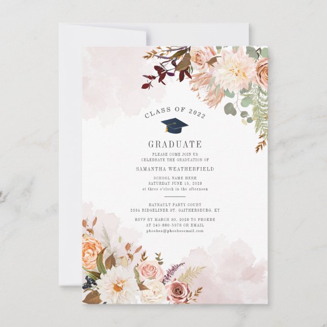 Modern blomster vattenfärg examensfest inbjudningar (Framsida)