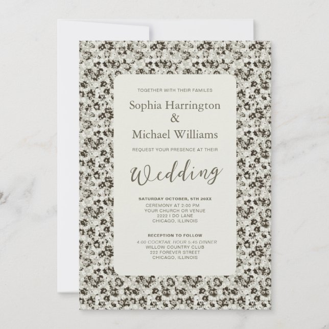 Modern blomsterbröllopsinbjudan svart & vit QR-kod Inbjudningar (Framsida)
