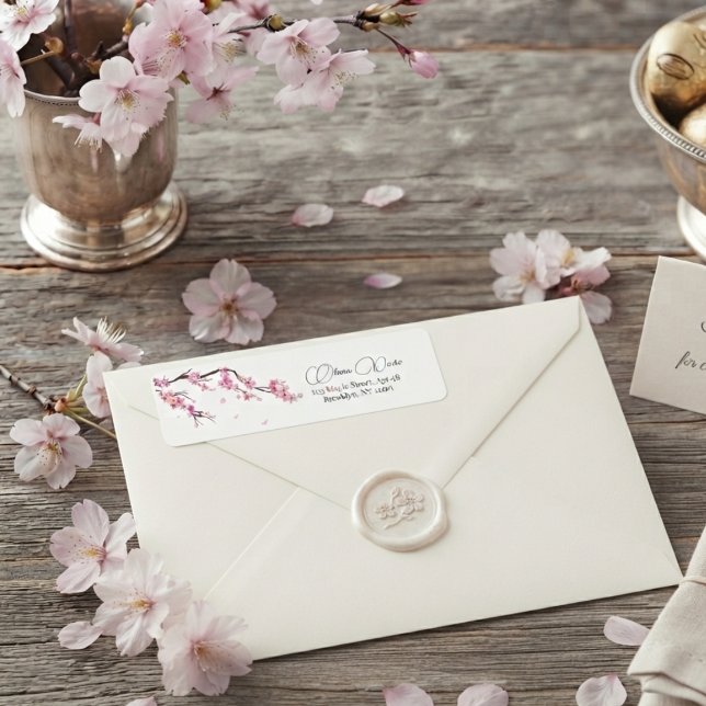 Modern blomsterdesign med rosa Sakura körsbärsblom Returadress Etikett (Skapare uppladdad)