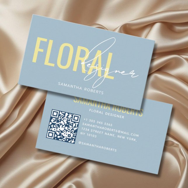 Modern blomsterdesigner QR-kod blå gul Visitkort (Skapare uppladdad)