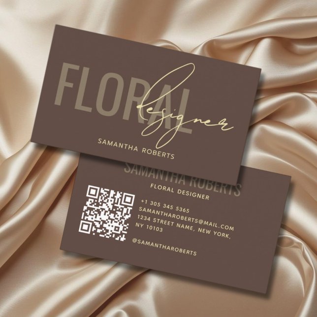 Modern blomsterdesigner QR-kod brun Visitkort (Skapare uppladdad)