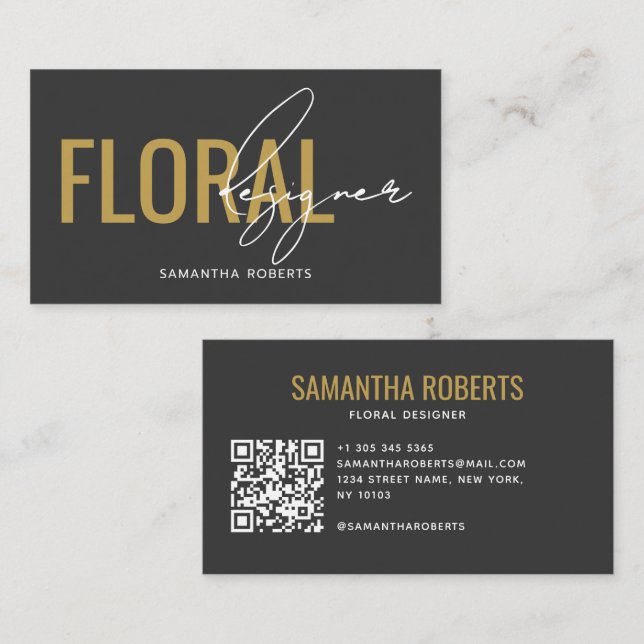 Modern blomsterdesigner QR-kod grå guld Visitkort (Fram/baksida)