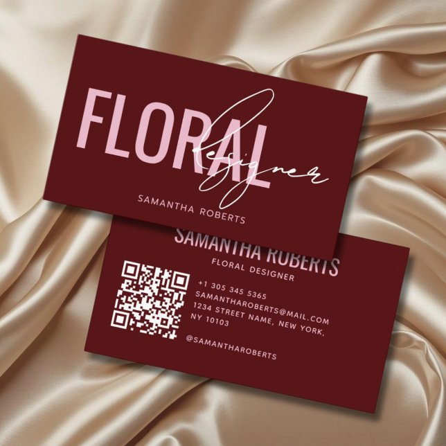 Modern blomsterdesigner QR-kod röd Visitkort (Skapare uppladdad)