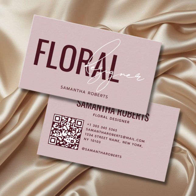 Modern blomsterdesigner QR-kod rosa röd Visitkort (Skapare uppladdad)