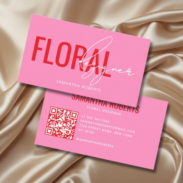 Modern blomsterdesigner QR-kod rosa Visitkort (Skapare uppladdad)