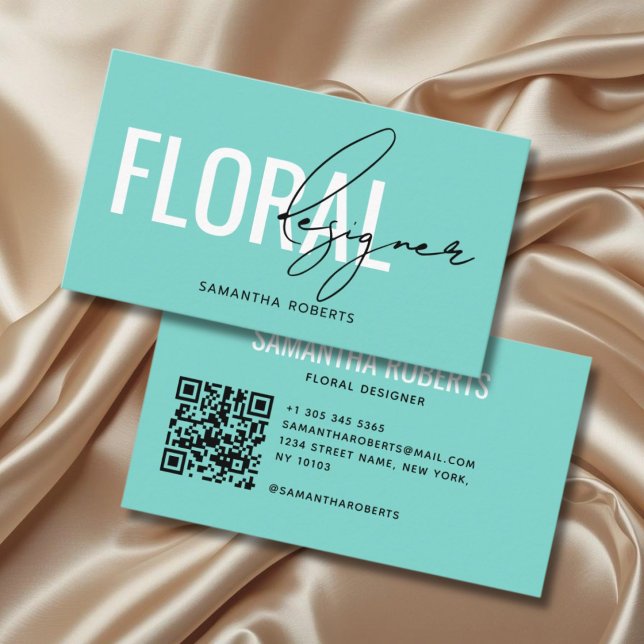 Modern blomsterdesigner QR-kod teal Visitkort (Skapare uppladdad)