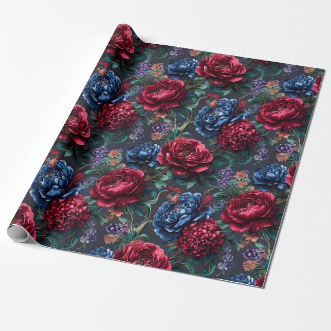 Modern blomsterdräkt i ädla färger presentpapper (Utrullad)