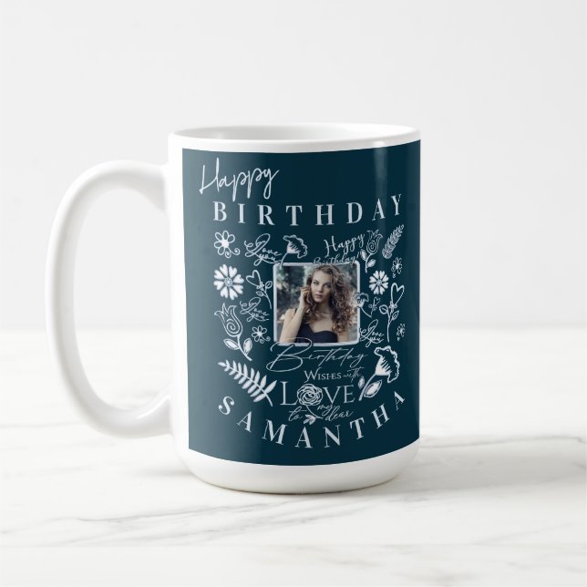 Modern blomsterfödelsedag  Typografi Foto  Doodle Kaffemugg (Vänster)