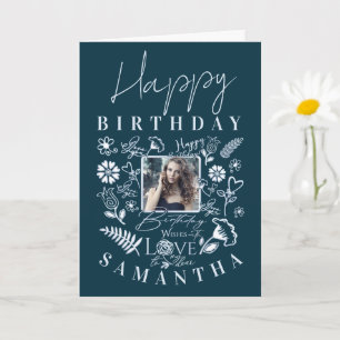 Modern blomsterfödelsedag  Typografi Foto  Doodle Kort