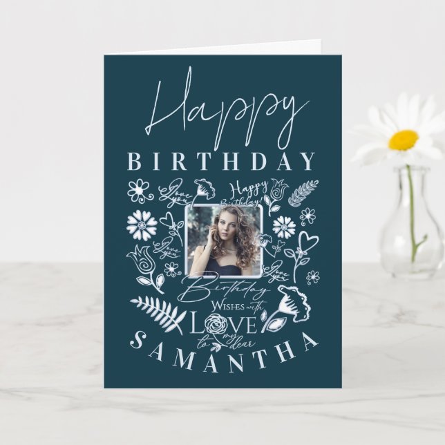 Modern blomsterfödelsedag  Typografi Foto  Doodle Kort (Liten växt)
