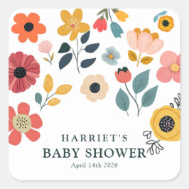 Modern blomsterinspirerad babyshower fyrkantigt klistermärke