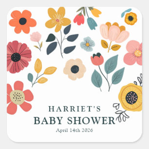 Modern blomsterinspirerad babyshower fyrkantigt klistermärke