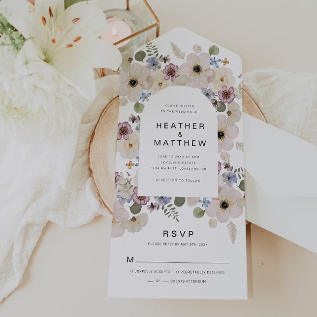 Modern blomsterlig allt-i-ett bröllopsinbjudan (Modern Watercolor Floral All in One Wedding Invite by Painted Paperie
)